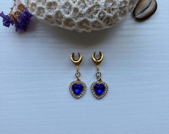 Sapphire Blue Heart Dangle Gauges Gemstone Heart Plugs 2g (6mm) - 1’' (25mm)