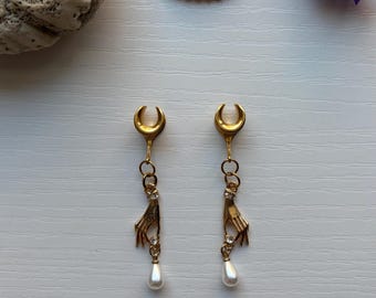 Pendientes colgantes de dilatación, tapones, túneles de perlas doradas, tapones ocultos, adornos para orejas estiradas, joyería nupcial para bodas, 2g (6 mm) - 1’' (25 mm)