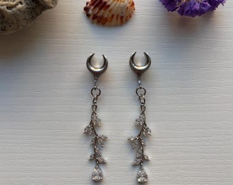 Dangle Gauges Plug Earrings Silver Crystal Vine Tunnels Saddles Bridal Wedding Jewelry Stretched Ear Jewelry 2g (6mm) - 1’’ (25mm)