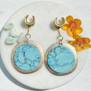 Dangle Gauges Plug Earrings Gold Round Vintage Turquoise Slice Tunnels Saddles Stretched Ear Jewelry 2g (6mm) - 1” (25mm)