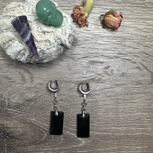 Dangle Gauges Plug Earrings Silver Black Onyx  Saddles Hider Plugs Tunnels Stretched Ear Jewelry 2g (6mm) - 1’&#39; (25mm)
