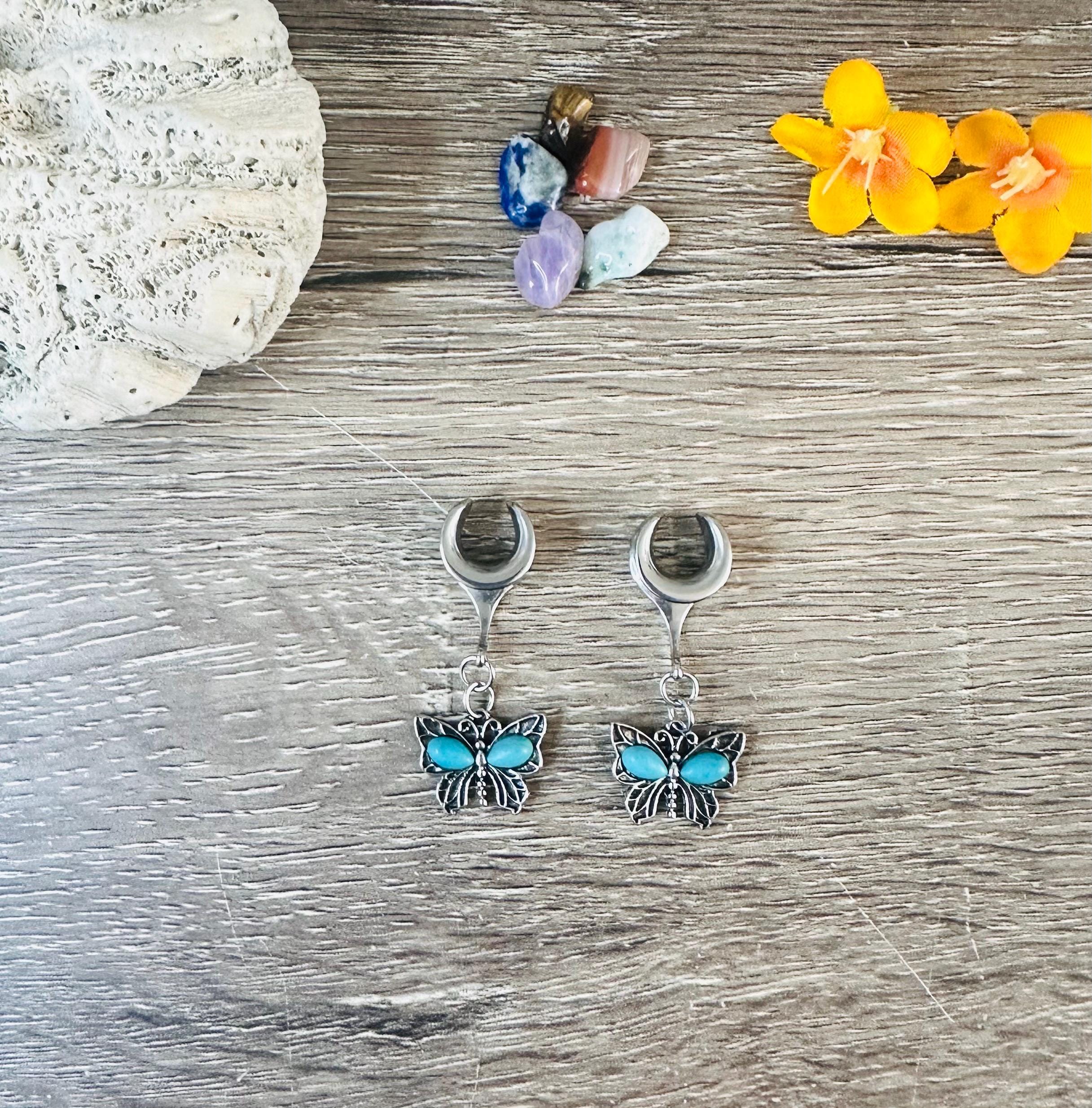 Pair Of Fake Turquoise & Coral Ear Stretcher Plugs — 8-10mm Sleek Stainless Steel Earrings 9 thumbnail image