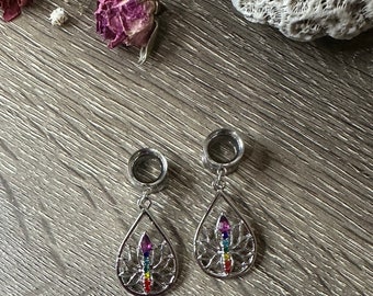 Dilatadores colgantes de plata para yoga, siete chakras, túneles de loto, dilatadores, joyería para orejas alargadas, 2 g (6 mm) - 1’’ (25 mm)