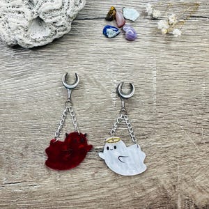 Dangle Gauges Plug Earrings Silver Devil and Angel Chained Tunnels Hider Plugs Saddles Stretched Ear Jewelry 2g (6mm) - 1’’ (25mm)