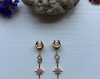 Dangle Meters Plugoorbellen Gouden Ster Burst Roze Rozenkwarts Edelsteen Tunnels Verbergstekkers Zadels Bruidsbruiloft 2 g (6 mm) - 1'' (25 mm)