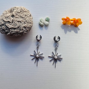 May include: A pair of silver-toned earrings with a crescent moon top and a starburst design with a central pearl. The image also includes a piece of coral, small green stones, and two orange flowers.