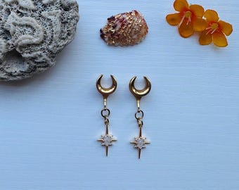 Dangle Meters Plug Oorbellen Gouden Ster Uitbarsting Witte Topaas Edelsteen Tunnels Verbergstekkers Zadels Bruidsbruiloft 2g (6 mm) - 1'' (25 mm)
