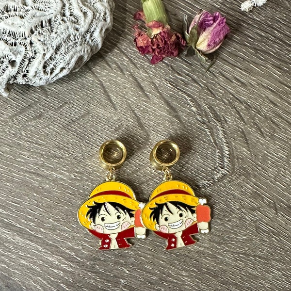 2g (6mm) - 1’’ (25mm) Gold or Silver Luffy from One Piece Dangle Earrings Gauges/Earplugs Tunnel Plugs