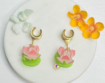 Dilatadores colgantes, dilatadores, pendientes, oro o plata, diseño de loto rosa sobre nenúfar, dilatadores, monturas, joyería para orejas estiradas, 2 g (6 mm) - 1'' (25 mm)