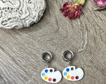 2g (6mm) - 1’’ (25mm) Silver or Gold Painter Pallete Lightweight Drop Dangle Earrings Gauges/Earplugs Tunnel Plugs