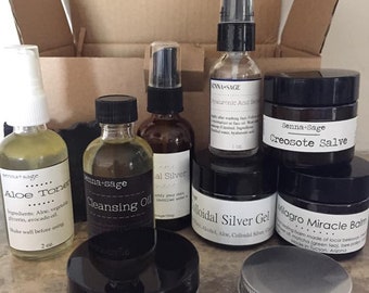 10 piece natural skin care set  activated charcoal soap, colloildal silver, toner, face wash, clay mask, balms etc.  FREE SHIPPING