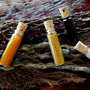 May include: Five small glass bottles with cork tops, filled with different colored powders. The bottles are arranged in a row on a wooden surface with a piece of dried seaweed behind them.