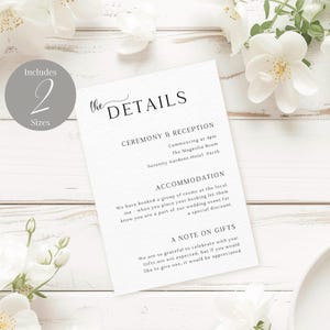 May include: A white card with black text detailing the ceremony and reception information for a wedding. The text includes the time, location, and hotel name. It also includes information about accommodation and gifts.