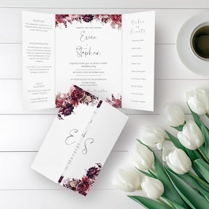 Bourgondische bloemen gatefold bruiloft uitnodigingskaart INSTANT DOWNLOAD bewerkbare sjabloon kastanjebruine bloemen gevouwen uitnodigingskaart 5 "x 7" gevouwen MD003