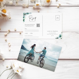 Cartão postal com código QR RSVP de casamento floral azul DOWNLOAD INSTANTÂNEO Modelo editável Por favor, responda gentilmente 6" x 4" MD004