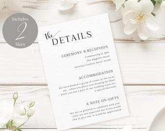 Minimalist Details Card INSTANT DOWNLOAD Editable Template Modern Details Card Wedding Information Card Accomodation Card MD002b