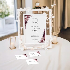 Romântico Borgonha Floral Leve Seu Cartão Placa e Pacote de Cartão de Lugar para Escolha de Menu DOWNLOAD INSTANTÂNEO Modelo Editável MD003
