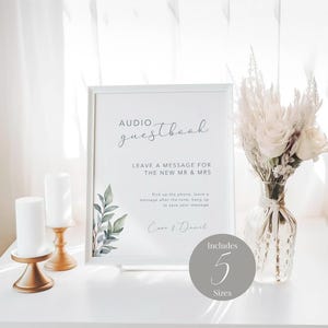 Eucalyptus Greenery Audio Guestbook Sign Deixe uma mensagem após o sinal Sinal de livro de visitas de telefone Casamento moderno Correio de voz Livro de visitas MD006