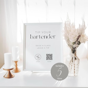 Minimalist Modern Tip Your Bartender Sign Template, QR Code Wedding Bar Sign, Printable Digital Download MD011