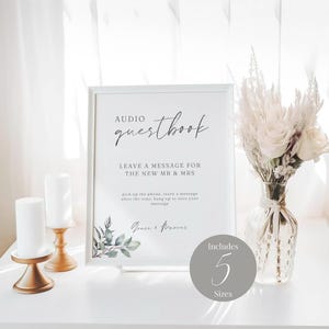Eucalyptus Greenery Audio Guestbook Sign Deixe uma mensagem após o sinal Sinal de livro de visitas de telefone Casamento moderno Correio de voz Livro de visitas MD007