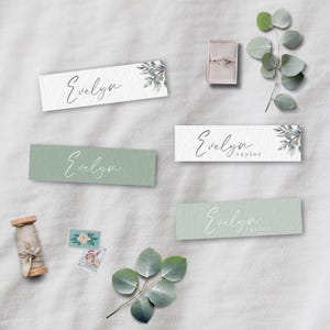 Minimalista moderno eucalipto matrimonio sottile segnaposto DOWNLOAD IMMEDIATO Modello modificabile Semplice segnaposto sottile verde salvia MD007