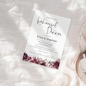 Burgundy Floral Rehearsal Dinner Invitation Card INSTANT DOWNLOAD Editable Template Maroon Floral Rehearsal Dinner Invite Card 5&quot; x 7&quot; MD003