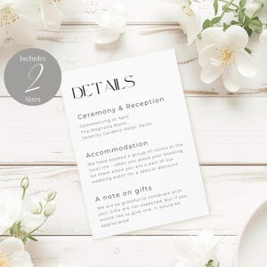 Cartão de detalhes minimalista DOWNLOAD INSTANTÂNEO Modelo editável Cartão de detalhes moderno Cartão de informações de casamento Cartão de acomodação MD011