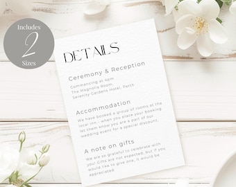 Minimalist Details Card INSTANT DOWNLOAD Editable Template Modern Details Card Wedding Information Card Accomodation Card MD011