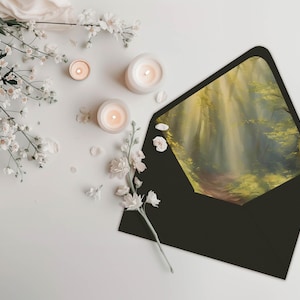 May include: A black envelope with a forest scene printed on the flap. The scene depicts a path through a sunlit forest with tall trees and green foliage.