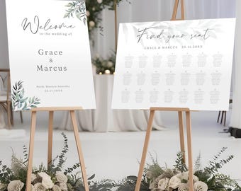 Eucalyptus Greenery Welcome Sign & Seating Chart Set Modern Wedding Welcome Sign Bundle Editable Welcome Sign Printable Seating Sign MD007