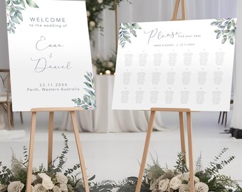 Eucalyptus Greenery Welcome Sign & Seating Chart Set Modern Wedding Welcome Sign Bundle Editable Welcome Sign Printable Seating Sign MD006