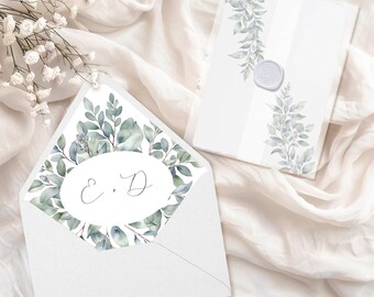 Matching Eucalyptus Greenery Envelope Liner and Vellum Wrap Set INSTANT DOWNLOAD Wedding Invitation Wrap Envelope Insert MD006