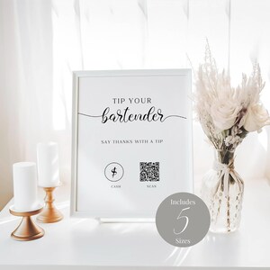 Minimalist Modern Tip Your Bartender Sign Template, QR Code Wedding Bar Sign, Printable Digital Download MD002a
