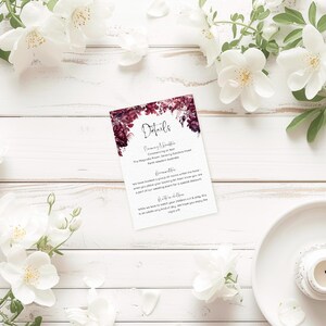 Burgunderfarbene Blumenhochzeits-Detailkarte INSTANT DOWNLOAD Bearbeitbare Vorlage Kastanienbraun Florale Anpassungs-Informationskarte 3,5 x 5 "und 4x6" MD003
