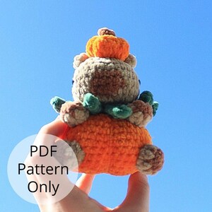 May include: A crocheted pumpkin-shaped plush toy with a brown and orange color scheme. The toy is held in a hand against a blue sky background.