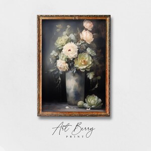 Arte de pared con flores y suculentas, pintura al óleo de flores blancas en jarrón, casa de campo, arte de pared de granja, descarga digital, arte de pared IMPRIMIBLE
