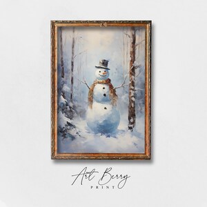 Schneemann im Wald Wandbild, Winter Vintage Ölgemälde, Weihnachtswandkunst, Schneemann Druck, Schnee Kunst, digitaler Download DRUCKBARE Wandkunst