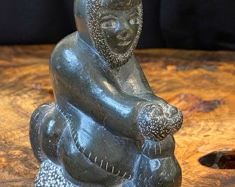 Adorable Vintage Inuit Carved Soapstone Man with Seal Circa 1977