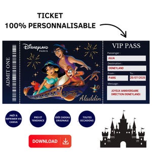Billet cadeau pour disneyland + bonus carte pliée- Modèle de cadeau de voyage surprise modifiable- PARC À THÈME éditable DISNEYLAND Aladdin.