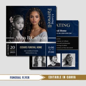 May include: A funeral flyer template in deep blue with gold accents, featuring portraits of a child and an adult, the text A Loving Farewell, Anna B. Carlson, Cedars Funeral Home, October 20, 2025, 11:00 AM to 17:00, and additional placeholder text fields.