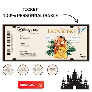Billet cadeau pour disneyland + bonus- Modèle de cadeau de voyage surprise modifiable- PARC À THÈME éditable DISNEYLAND Le Roi Lion.