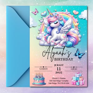 Invitation licorne digital - Bonus Vidéo- Carte à Imprimer pour Fête Enfant -Modèle Numérique Téléchargeable - Invitation licorne pour canva
