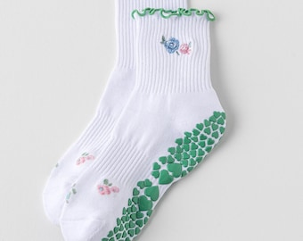 Spring Blooms Floral embroidered Pilates Grip socks｜non-slip socks | yoga pilates lagree barre socks | Crew Socks