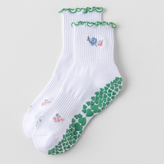 Spring Blooms Floral embroidered Pilates Grip socks｜non-slip socks | yoga pilates lagree barre socks | Crew Socks