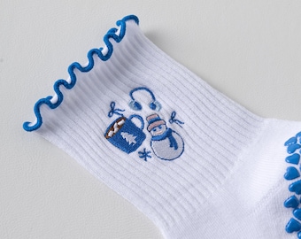 Winter Melody Snowman embroidered grip socks｜non-slip socks | cushion socks | yoga pilates lagree barre socks | Crew Socks