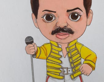 Freddie Mercury Chibi Portrait: Original Pencil Drawing, Queen Art A4