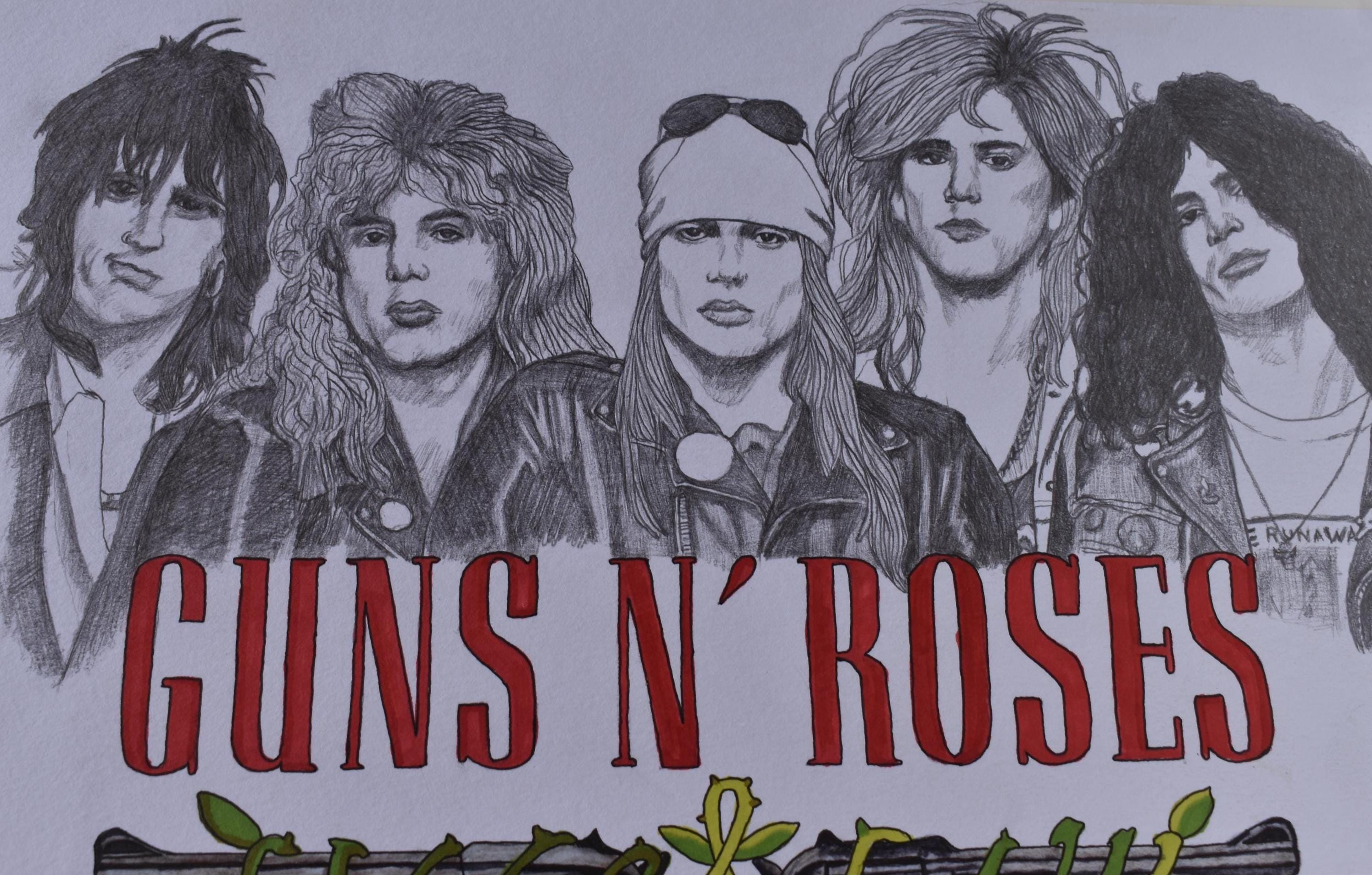 Guns N' Roses Original Drawing – Hand-drawn A4 Rock Band Portrait