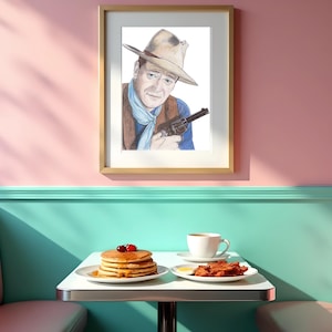 John Wayne Art Print – A3 Pencil Drawing of Classic Western Movie Star, Cowboy Wall Decor, Film Portrait