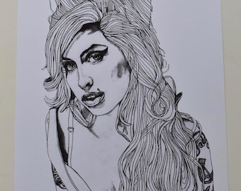 Ritratto di Amy Winehouse: stampa artistica minimalista a matita in formato A4