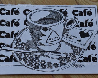 Delta Café Portugal Illustration: Originale A5 Federzeichnung, Portugiesische Kaffeekultur